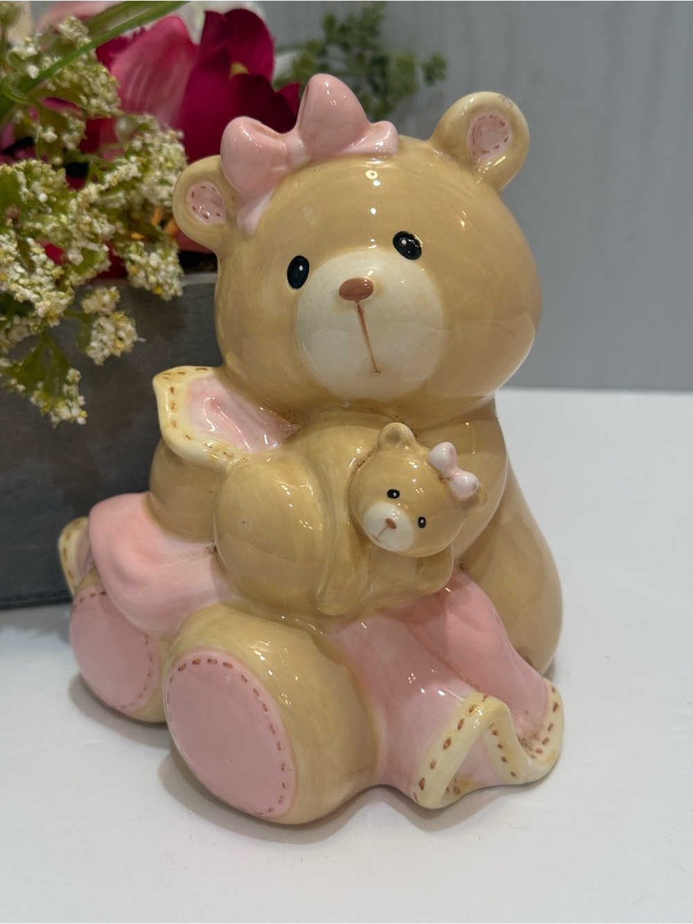 Baby GUND Ceramic Teddy Bear Piggy Bank Pink Bow Ribbon Nursery Decor